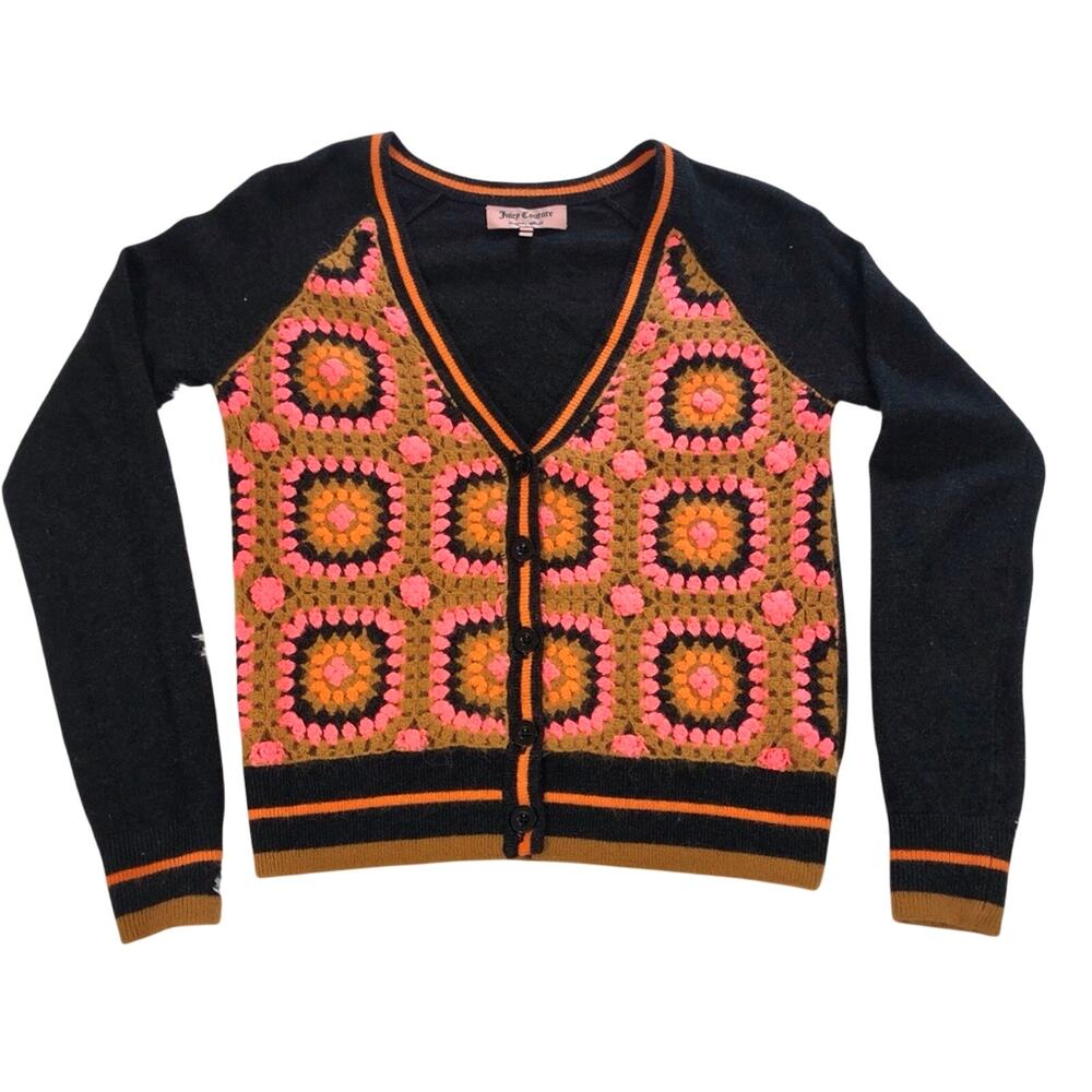 JY2k Juicy Couture Crochet Granny Square Wool Cashmere Cardigan Button Front - Picture 6 of 16